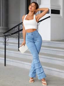 SHEIN Essnce Jeans de pierna amplia - Lavado ligero - Ver 4
