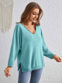 SHEIN VCAY Solid Drop Shoulder Sweater - Teal Blue - View 5