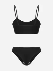 Wedaily Conjunto de lencería sólida de sujetador y panty con ribete - Negro - Ver 8