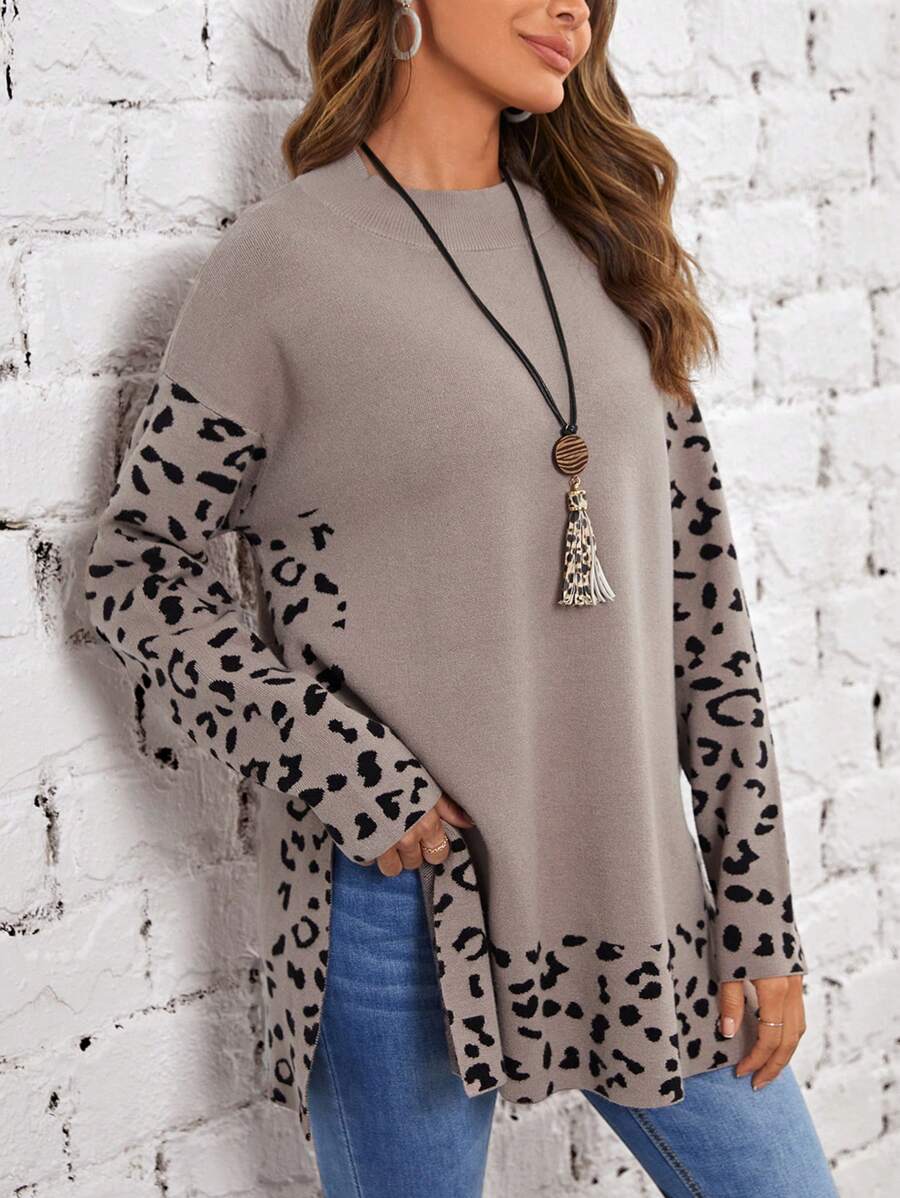 EMERY ROSE Leopard Pattern Drop Shoulder Split Hem Sweater - Multicolor - View 1