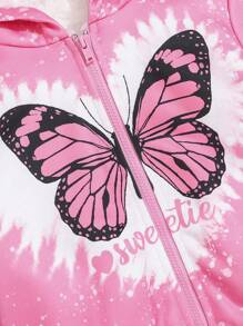 SHEIN Baby Girl Butterfly Print Teddy Lined Hooded Coat - Pink - View 4