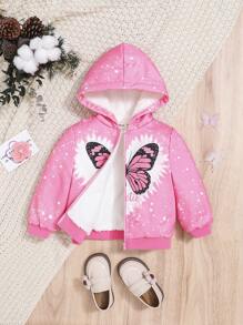 SHEIN Baby Girl Butterfly Print Teddy Lined Hooded Coat - Pink - View 5
