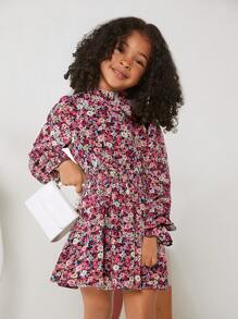 SHEIN Leap Crew 少女城市優雅立領花卉印花長袖洋裝,適用於春夏季 - 彩色 - 查看 3