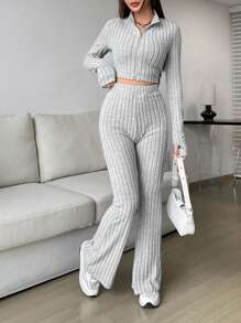 SHEIN EZwear 春季拉链罗纹针织短款 T 恤和喇叭裤两件套，女士春秋休闲罗纹针织，拉链超长袖修身灰色常规袖 T 恤裤女式两件套，休闲日常穿着 - 灰色 - 查看 3
