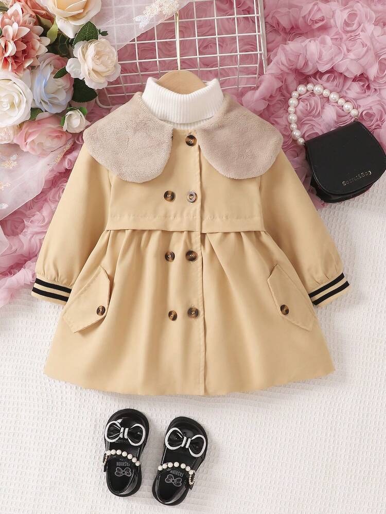 Baby Girl Double Breasted Striped Trim Peter Pan Collar Coat