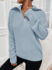 SHEIN Unity Half Zip Drop Shoulder Ribbed Knit Pullover Fall Winter Sweater - Baby Blue - View 5