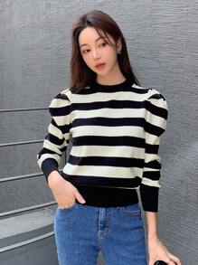 DAZY Áo len tay dài họa tiết sọc, áo thu tay dài - Màu be - Xem 5