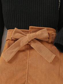 SHEIN Young Girl Fuzzy Trim Tee & Belted Skirt - Black - View 6