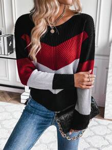 SHEIN LUNE Suéter de manga larga con diseño de bloques de color y patrón de chevron, cuello caído - Multicolor - Ver 6