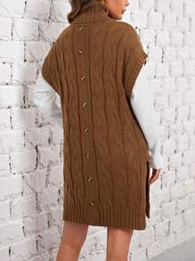 EMERY ROSE 1入組高領後紐扣下擺開叉毛衣洋裝 - 棕色 - 查看 1