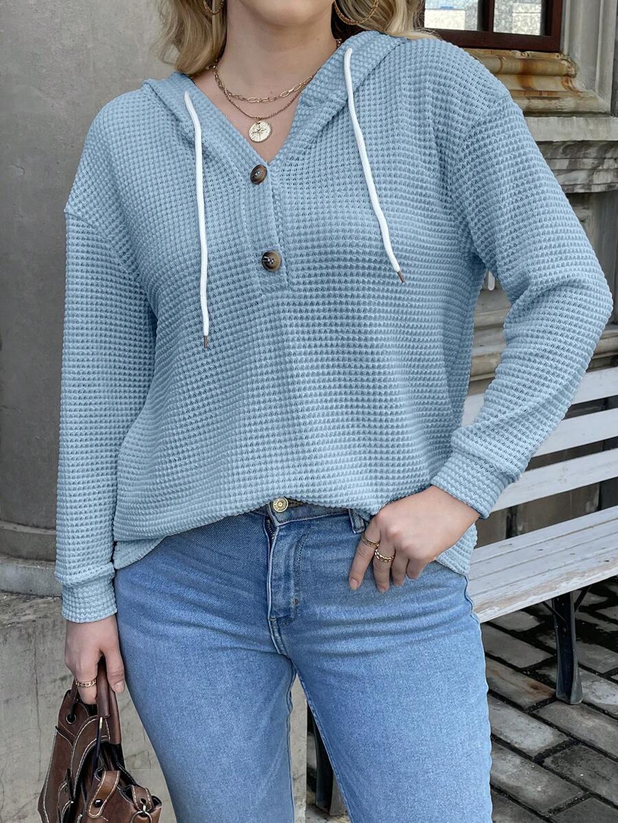 Calvaya Plus Half Button Drop Shoulder Drawstring Hoodie Graduation,Back To School Outfits,Graduation,Teacher Outfits For Women,Back To School Pullover Fall Outfit