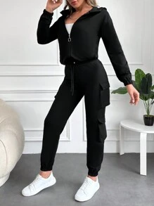 RueChic Áo Zip Up Hoodie & Túi nắp bên cạnh Quần thể thao - màu đen - Xem 5