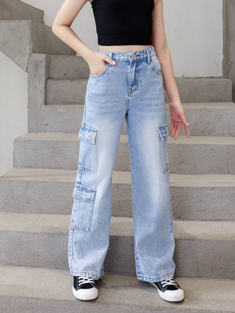 Girls Blue Wash Side Pockets Cargo Jeans