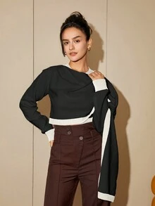 女士拼布撞色长袖圆领时尚短款针织毛衣 - 黑色 - 查看 3