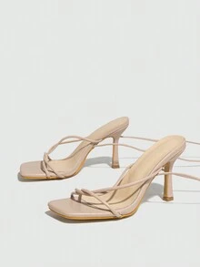 條紋圖案高跟鞋PU皮革踝帶平底涼鞋帶露趾和建築物 - 杏色 - 查看 5