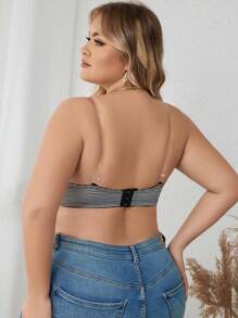 Plus Striped Print Underwire Bra With 1pair Transparent Strap - Black and White - View 2