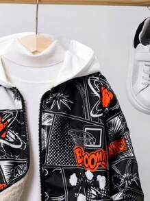 SHEIN 男大童波普藝術圖案毛絨內襯拉鏈開襟連帽夾克無衛衣 - 黑色 - 查看 5