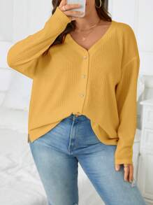 SHEIN Essnce Plus Waffle Knit Drop Shoulder Tee - Yellow - View 6