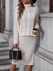 Chiquease Áo cao cổ Thả vai Áo len & Viền chia cắt Váy dệt kim - Màu be - Xem 3