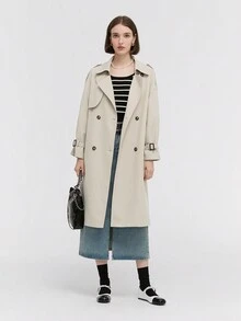 插肩袖肩章設計腰帶風衣外套 - 卡其色 - 查看 5