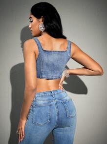 SHEIN BAE Button Front Crop Denim Tank Top - Blue - View 2