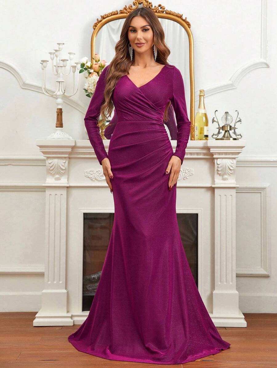 SHEIN Belle 交疊領褶邊魚尾裙下擺伴娘洋裝 - 紫色 - 查看 1