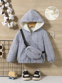 SHEIN 男嬰拉鏈開襟加絨內裏連帽外套附包 - 灰色 - 查看 1