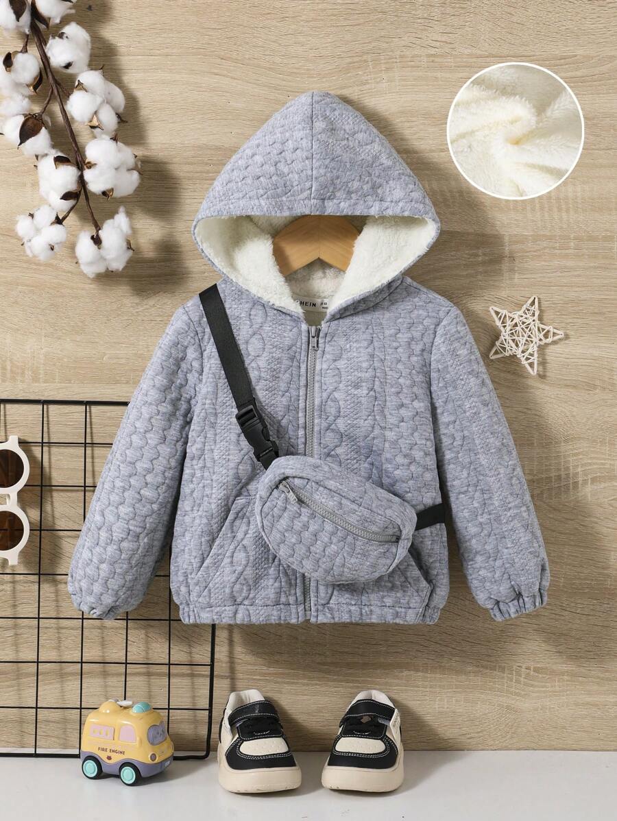 SHEIN 男嬰拉鏈開襟加絨內裏連帽外套附包 - 灰色 - 查看 1