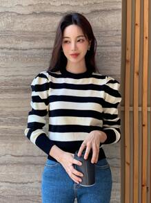 DAZY Áo len tay dài họa tiết sọc, áo thu tay dài - Màu be - Xem 4