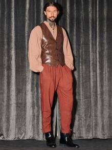 GENTILAND 男士前紐扣PU皮革夾克背心 - 棕色 - 查看 4