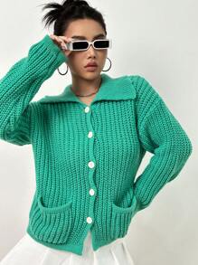 Flirla Dual Pocket Drop Shoulder Cardigan - Green - View 1