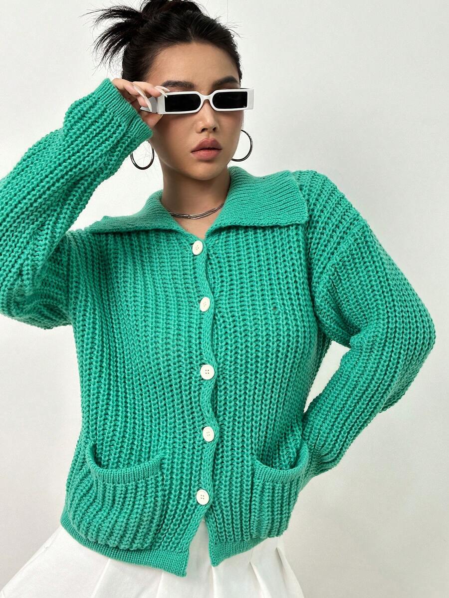Flirla Dual Pocket Drop Shoulder Cardigan - Green - View 1