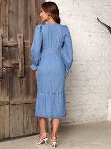 SHEIN Clasi Flare Sleeve Ruched Bust Mermaid Hem Denim Dress - Medium Wash - View 2