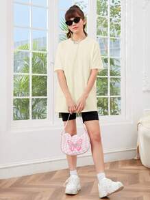 SHEIN Teen Girl Slogan & Cartoon Graphic Drop Shoulder Tee - Apricot - View 5