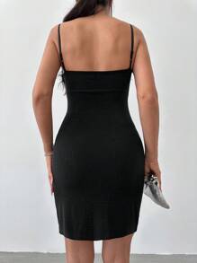 EURMUSE Fuzzy Trim Cami Bodycon Dress - Black - View 2