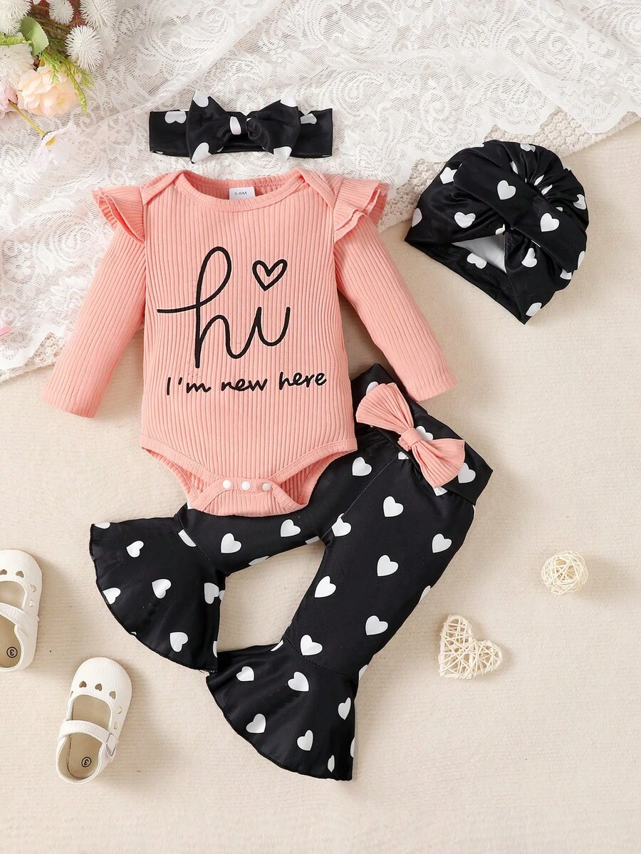 女嬰字母圖案荷葉邊連身背心&愛心圖案喇叭褲＆ 頭巾