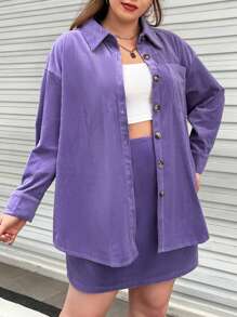 Flirla Plus Drop Shoulder Corduroy Shirt & Skirt - Lilac Purple - View 6