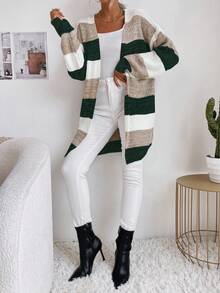 SHEIN Essnce Cárdigan largo de color combinado con parte delantera abierta de manga murciélago - Verde - Ver 3