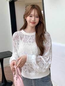 DAZY 素色落肩袖蕾絲運動衫不附吊帶上衣 - 白色 - 查看 5