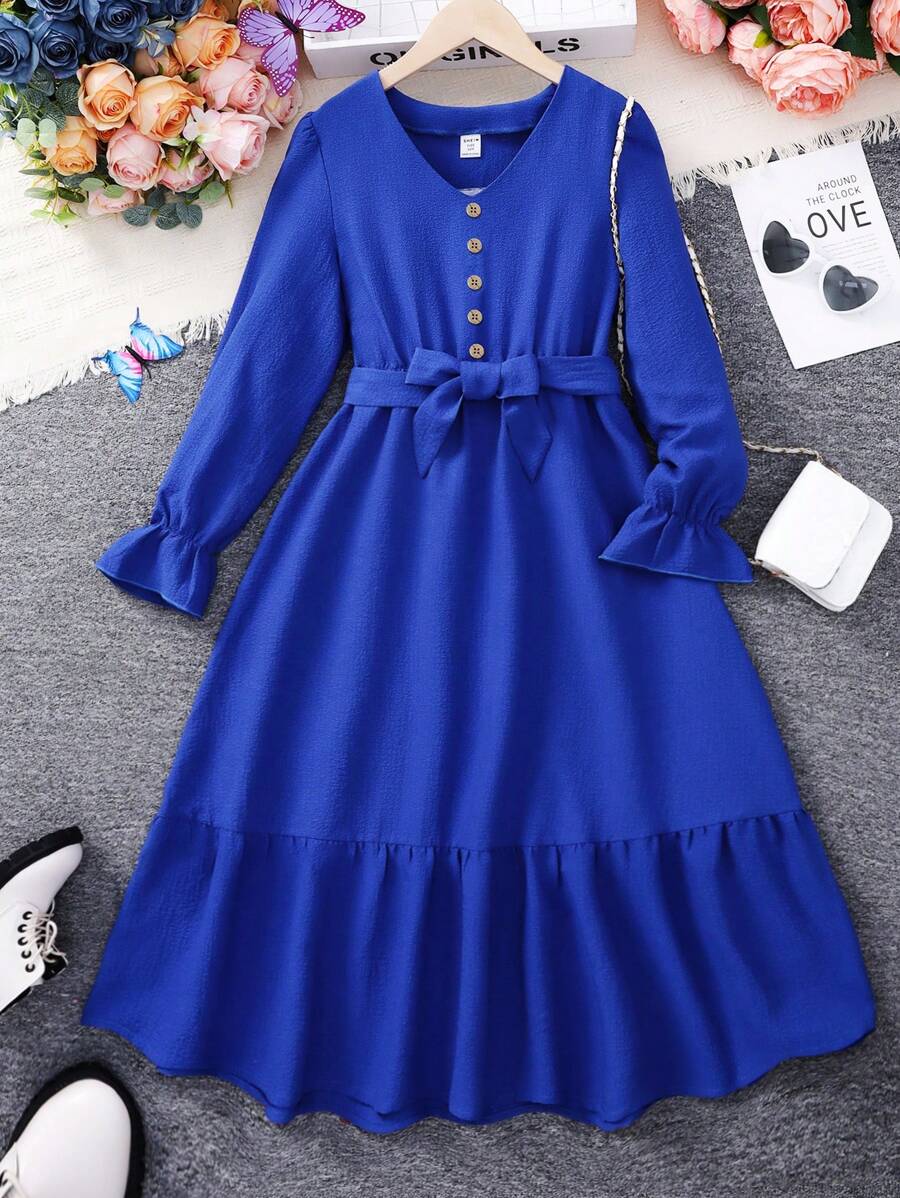 SHEIN Explorewe Tween Girl Flare Sleeve Ruffle Hem Belted Dress - Royal Blue - View 1