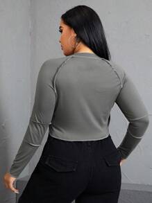 SHEIN EZwear Hơn Dây kéo Áo phông Crop - Xám - Xem 2