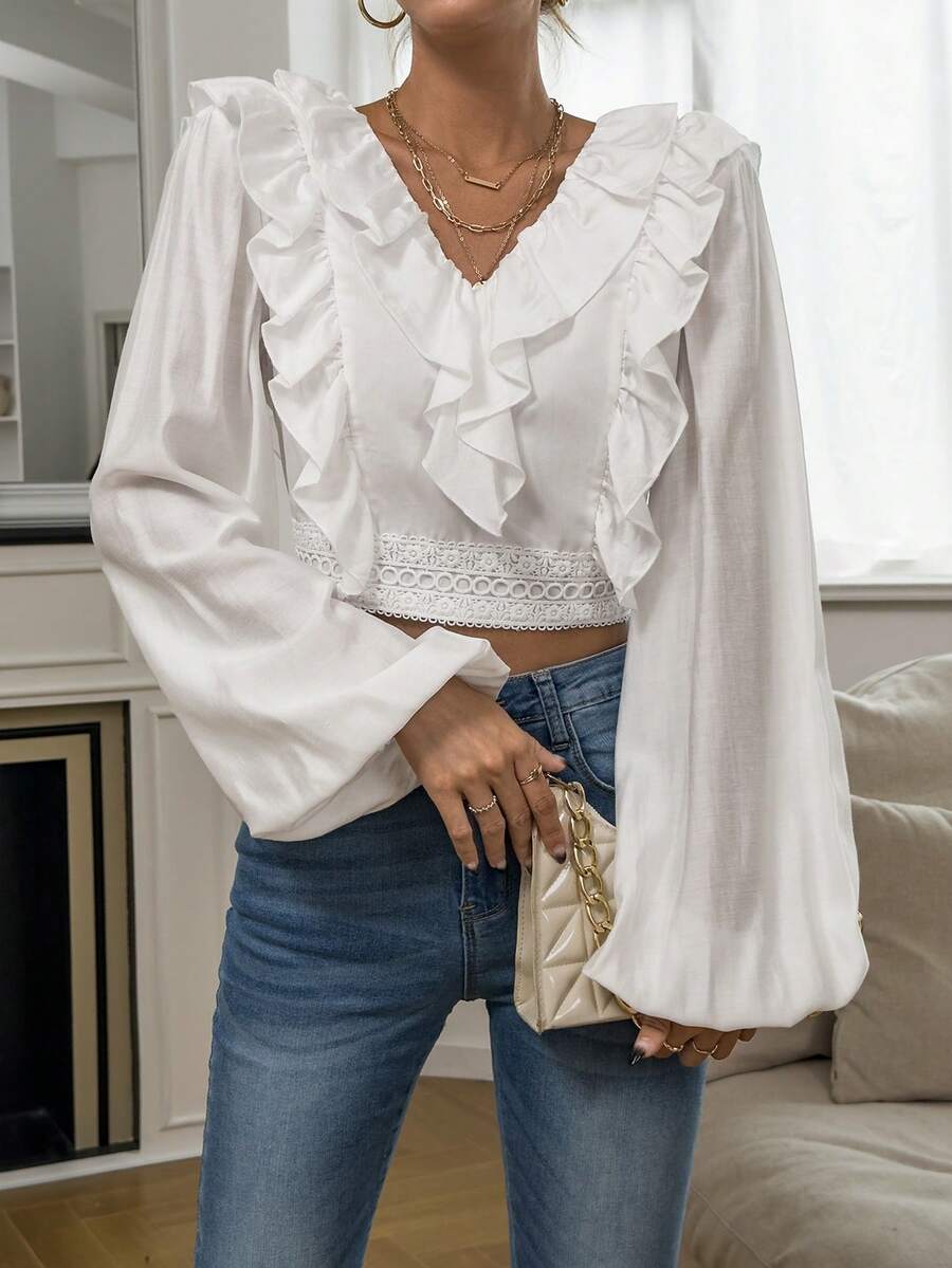 SHEIN Privé Ruffle Trim Lantern Sleeve Crop Blouse - White - View 1