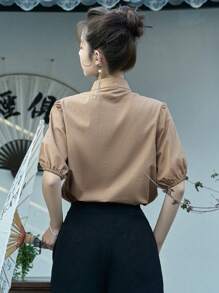 DAZY Chất rắn Nút Ếch Mặt trước Ống tay áo Áo - Màu Khaki - Xem 2