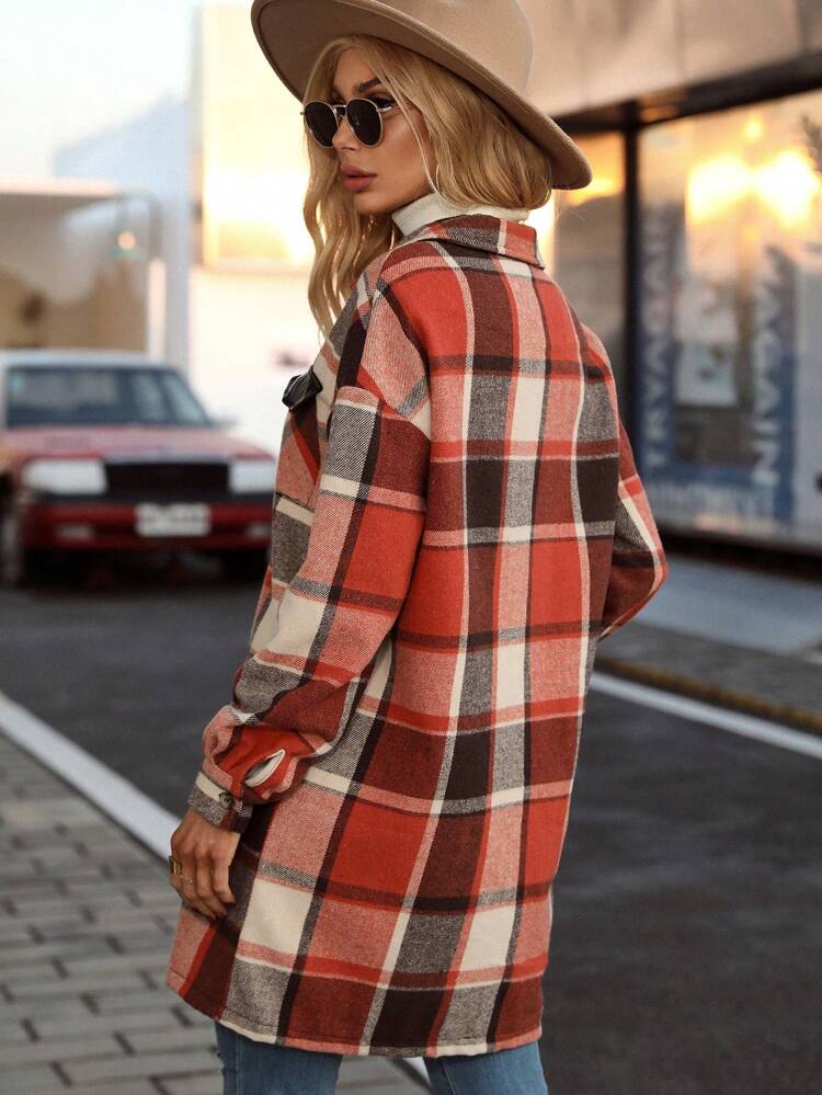 Plaid Print Drop Shoulder Flap Pocket Overcoat Fall Cloth For Women
