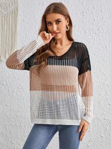 SHEIN VCAY 撞色後扭結落肩袖網眼針織套頭毛衣 - 彩色 - 查看 4