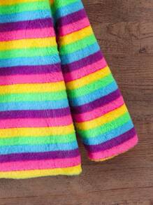 SHEIN Young Girl Rainbow Striped Print Open Front Teddy Coat Without Sweater - Multicolor - View 3