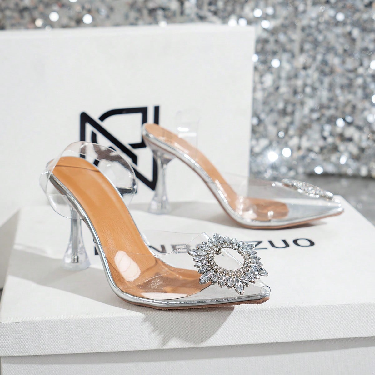 Tacones altos con decoración de cristal para mujer, nuevos tacones de cristal con decoración de strass en forma de girasol, correa transparente, ele