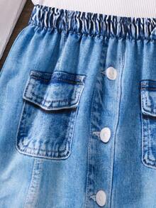 SHEIN Young Girl Mock Neck Puff Sleeve Tee & Denim-Effect Print Contrast Fuzzy Trim Skirt