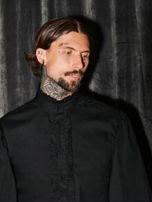 GENTILAND Men Flare Sleeve Frill Trim Mock Neck Shirt - Black - View 4