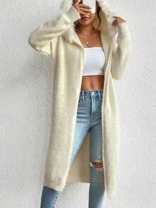 SHEIN Privé Thả vai Trang trí Fuzzy Kiểu Dài áo có mũ Áo len Mở - Màu be - Xem 1